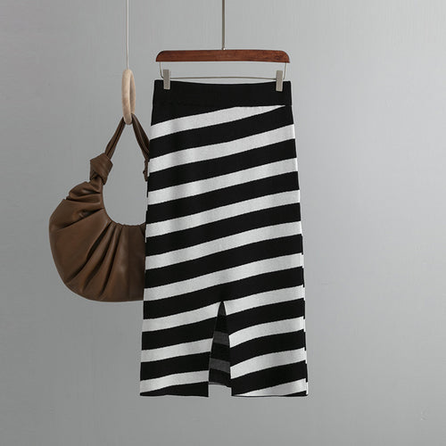 Autumn Oblique Striped Knitted Skirt Women  Slim Fit Slimming Mid Length One Step Skirt Hip Skirt