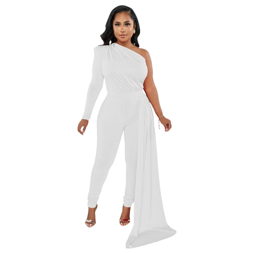 Women Wear Solid Color Shoulder Cloak One Shoulder Long Sleeve Trousers Jumpsuit