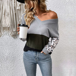 Leisure Tops Long Sleeve V neck Leopard Print Contrast Color Knitwear