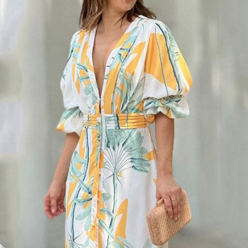 V neck Puff Sleeve Waist Trimming Printing Maxi