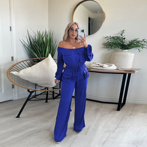 Off Shoulder Solid Color Bellows Pocket Elegant Women Clothing Jumpsuit