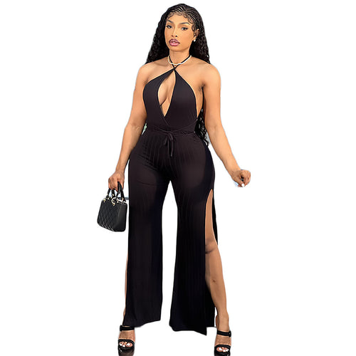 Popular Lace up Sunken Stripe Pants Leg Slit Fashionable Women Jumpsuit