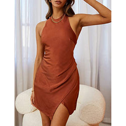 Women Clothing Solid Satin Halter Backless Slit Mini Dress Gown