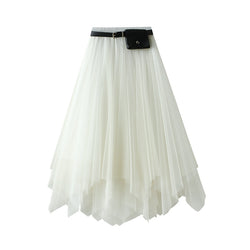 Irregular Asymmetric Skirt Spring Summer Mid-Length Black Large Swing Skirt Super Fairy Lace Gauzy Skirt