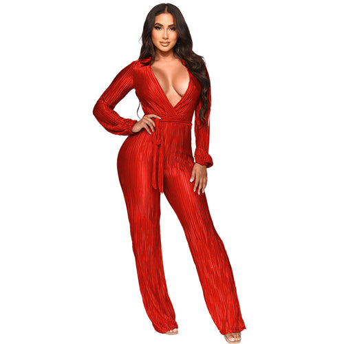 Autumn Winter Low Cut Sexy Lapel Long Sleeve Draping Pleated Jumpsuit