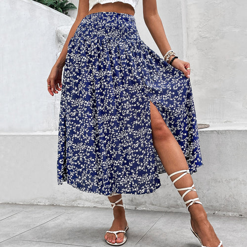 Summer Women Mid Length Blue Printed Skirt