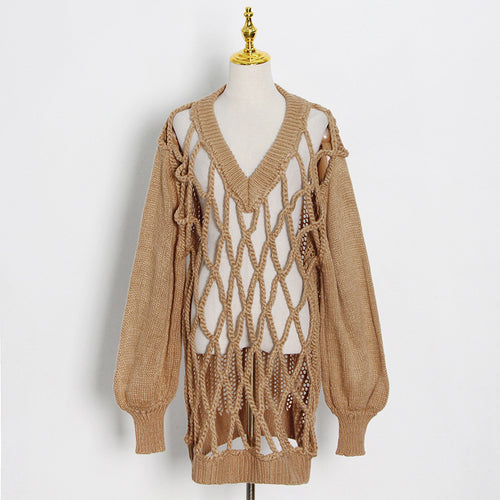 Fall Winter Trend Model Design V-neck Personality Mesh Weaving Hollow Out Cutout Lantern Sleeve Loose Women Sweater