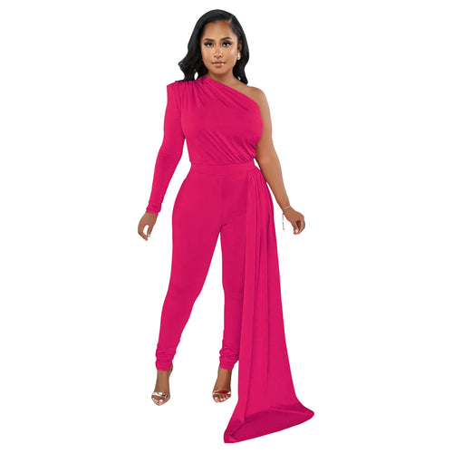 Women Wear Solid Color Shoulder Cloak One Shoulder Long Sleeve Trousers Jumpsuit