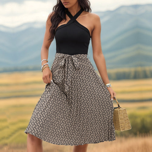 Summer Women Clothing Color Matching Cross Collar Halter Dress