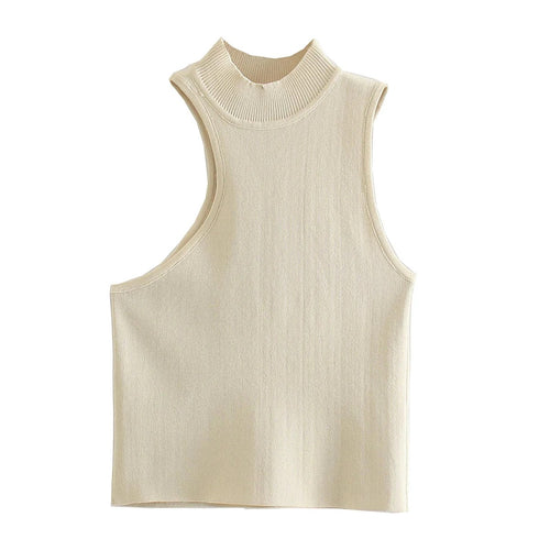 Summer Asymmetric Small Turtleneck Knitting Vest Women Slim Short Sleeveless Knitted Top