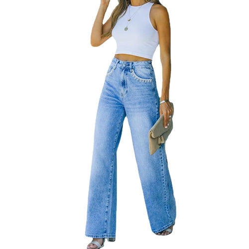 Petal Pocket Casual Wish Loose Washed-out Denim Pants for Women