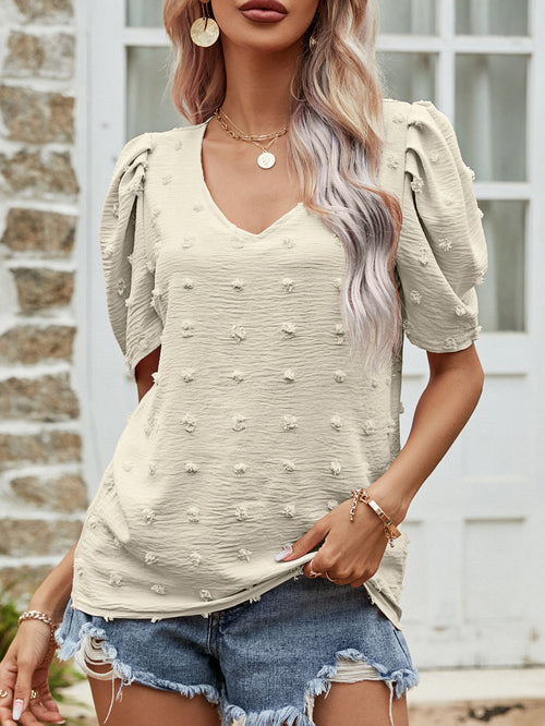 Women Clothing Summer V Neck Short Sleeve T Shirt Women Puff Sleeve Casual Top