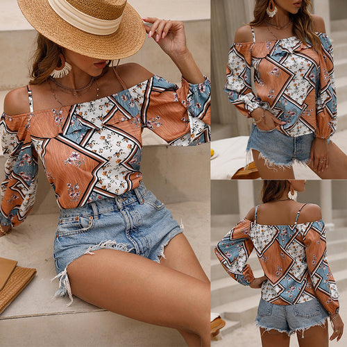 Floral Floral-Print off-Shoulder Long Sleeve Tops Women