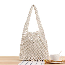 Pure Color Net Pocket Hand-Woven Bag Mori Style Hand-Tied Cotton Thread Hand-Carrying Shoulder Vacation Beach Bag
