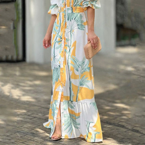 V neck Puff Sleeve Waist Trimming Printing Maxi