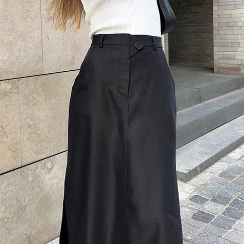 Black Cotton Silk  Women Clothing Autumn Split High Waist Office Drape Skirt Skirt