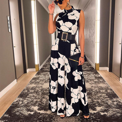 Women Clothing Summer Sleeveless Elegant Slim Printed Jumpsuit