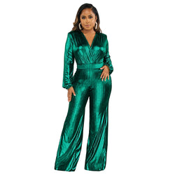 Autumn Winter V neck Sexy Slim Fit Nightclub Style Long Sleeve Wide Leg Jumpsuit