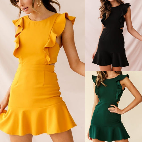 Women Clothing Solid Color round Neck Sleeveless Ruffled Irregular Asymmetric Knitting High Waist Short Dress