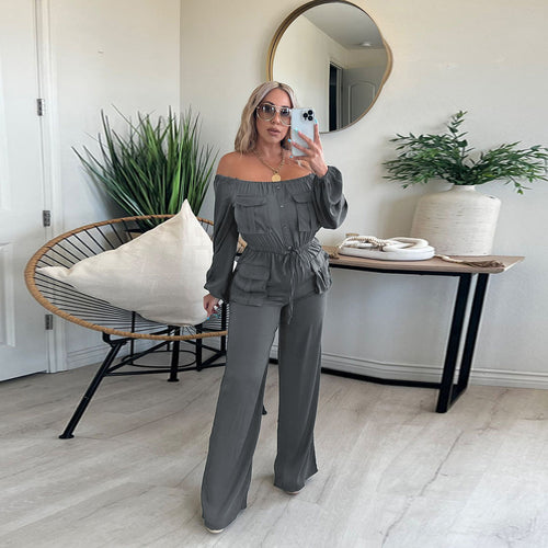 Off Shoulder Solid Color Bellows Pocket Elegant Women Clothing Jumpsuit