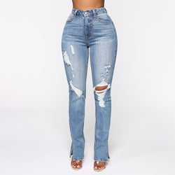 Splitjeans dames collectie blauw gewassen gescheurde stretchjeans met hoge taille