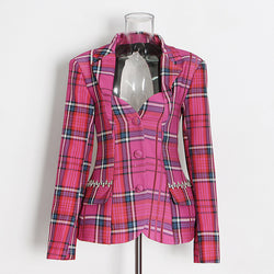Style Personalized Backless Spring Autumn Single Breasted Plaid Short Western Style Women Coat