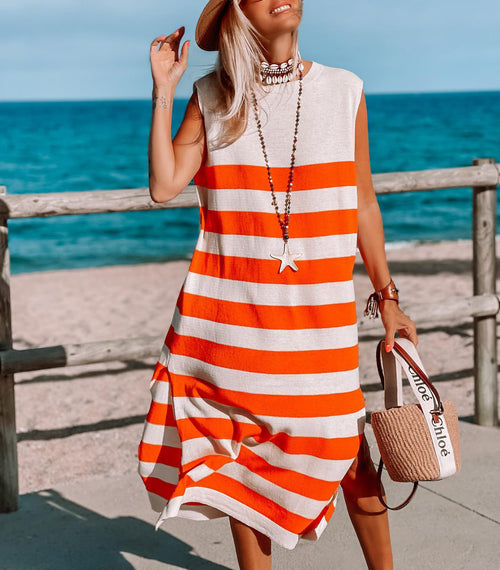 Ladies Vacation Fresh Bold Stripes Sleeveless Knitted Dress Maxi Dress