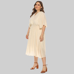 Plus Size Summer  Women Clothing Solid Color V-neck Waist-Controlled Flying Sleeves Dress