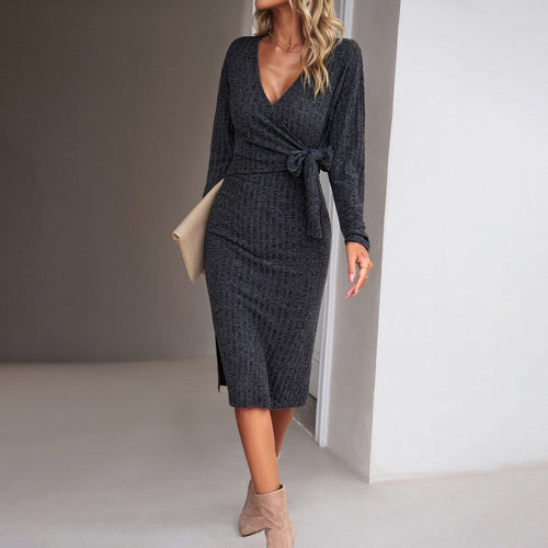 Women Clothing Silm Autumn Winter V neck Long Sleeve Knitted Tied Dress