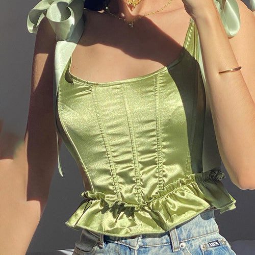 Women  Clothing Summer Fashionable Green Ruffled Silk Lace Up Waist Top