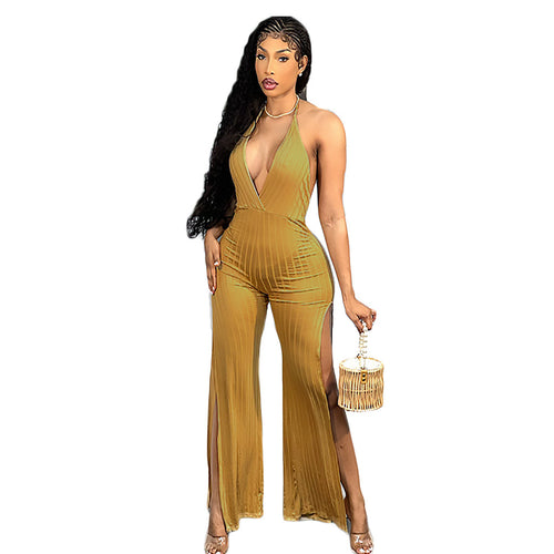 Popular Lace up Sunken Stripe Pants Leg Slit Fashionable Women Jumpsuit