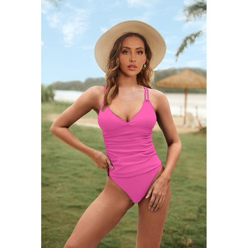 Swimsuit V neck Peplum Top Criss Cross Strap Two Piece Swimsuit