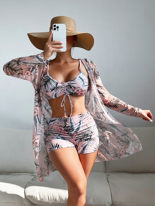 Swimsuit Women Split Three Piece Suit High Waist Long Sleeves Blouse Internet Celebrity Drawstring Suit