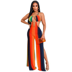 Women Clothing Nightclub Uniforms Lace-up Backless Sexy Print Wide-Leg Jumpsuit