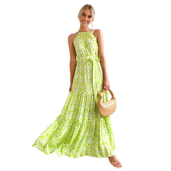 Spring Summer Bohemian Vacation Elegant Women  Printed Halter Dress