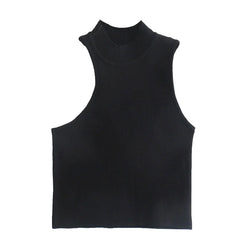 Summer Asymmetric Small Turtleneck Knitting Vest Women Slim Short Sleeveless Knitted Top