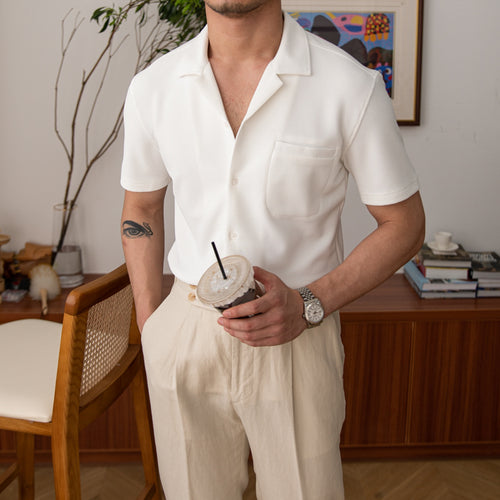 Men's Short-sleeved Cuban Collar Shirt - Summer Waffle Check Pattern