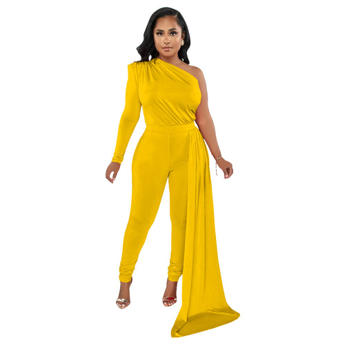 Women Wear Solid Color Shoulder Cloak One Shoulder Long Sleeve Trousers Jumpsuit