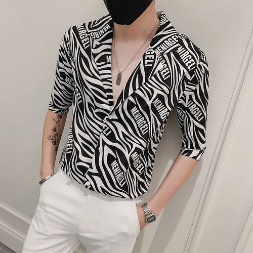 Mid-sleeve Striped Printed Shirt Men's 2021 Summer New Three-quarter Sleeve Suit Collar Shirt Light Familiar Social Guy Shirt