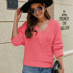 Women Clothing Loose V neck Design Chenille Women Sweater Autumn Winter Solid Color Knitted Top