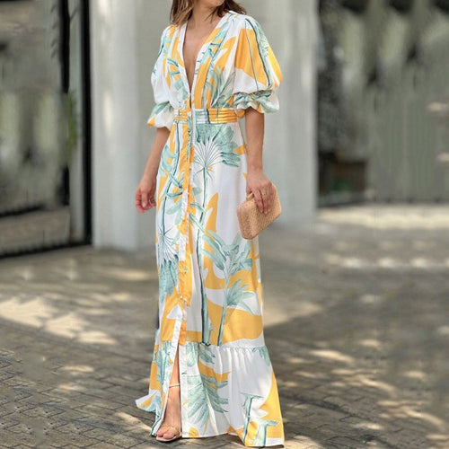 V neck Puff Sleeve Waist Trimming Printing Maxi