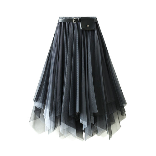 Irregular Asymmetric Skirt Spring Summer Mid-Length Black Large Swing Skirt Super Fairy Lace Gauzy Skirt