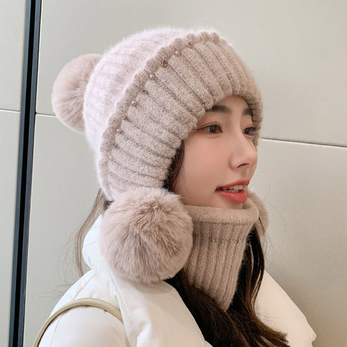 Jiayi Winter Dames Gebreide Muts Koreaanse Stijl Modieus All-Match Echt Konijnenbont Hoed Met Fleece Gevoerde Verdikte Wollen Muts Fietsen Winddicht 