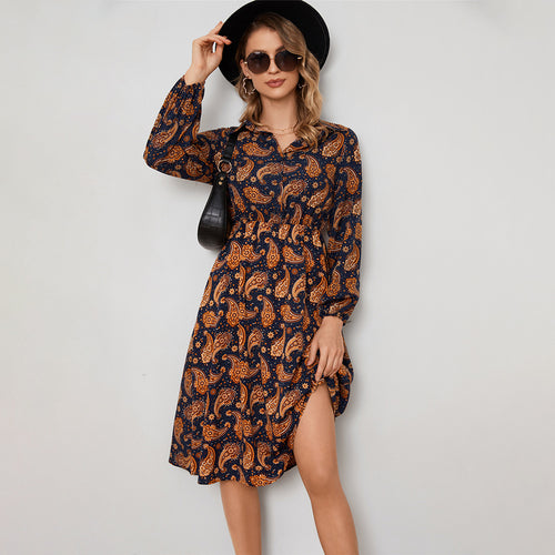 Printing A Line Long Sleeve Floral Shirt Dress