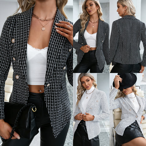 Plaid Slim-Fitting Blazer Double Breasted Office Coat Top Women Blazer