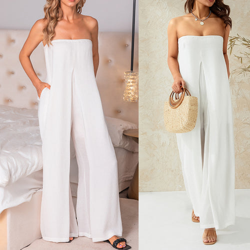 Casual Tube Top Jumpsuit Solid Color Wide Leg Pants Sexy Bandeau One Piece Trousers