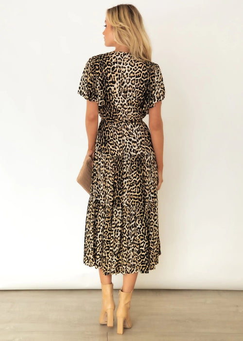 Leopard Print V neck Short Sleeve Belt Pleated