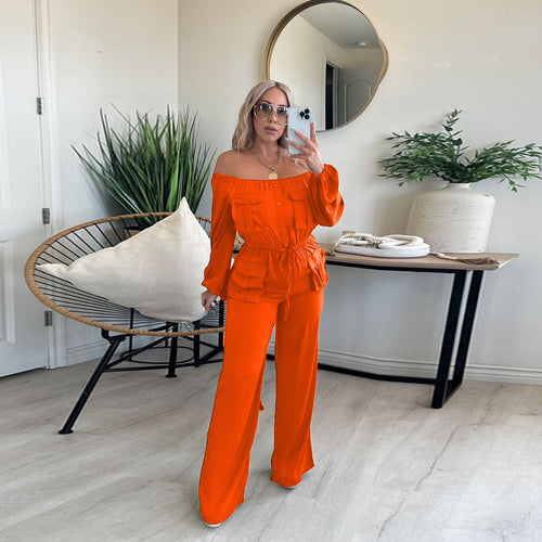 Off Shoulder Solid Color Bellows Pocket Elegant Women Clothing Jumpsuit