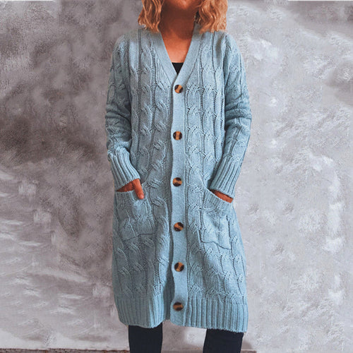 Autumn Winter Single-Breasted Thick Hemp Floral Pocket Knitted Long Sweater Cardigan Coat Women