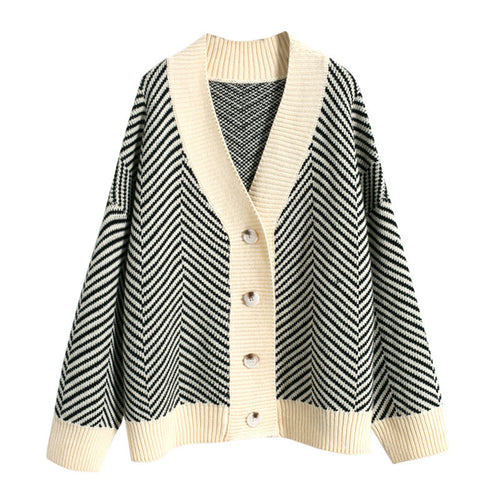 Autumn Winter Casual Loose Single Breasted Long Sleeve Rhombus Stripe Sweater Cardigan Coat